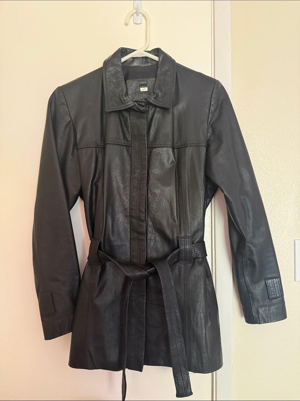 Black Leather Belted Jacket -